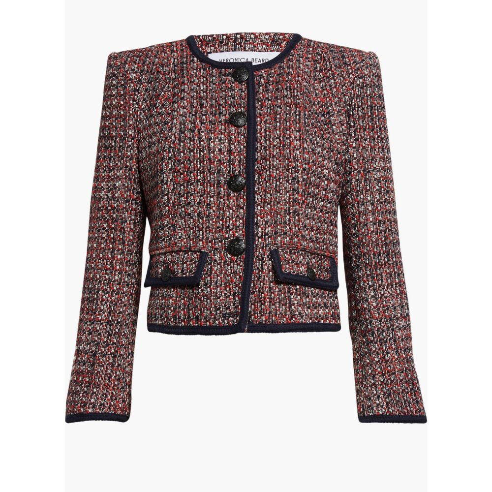 Veronica Beard Ceres Metallic Cotton Blend Tweed Jacket Red Blaze/Navy Multi 16 - Picture 2 of 11